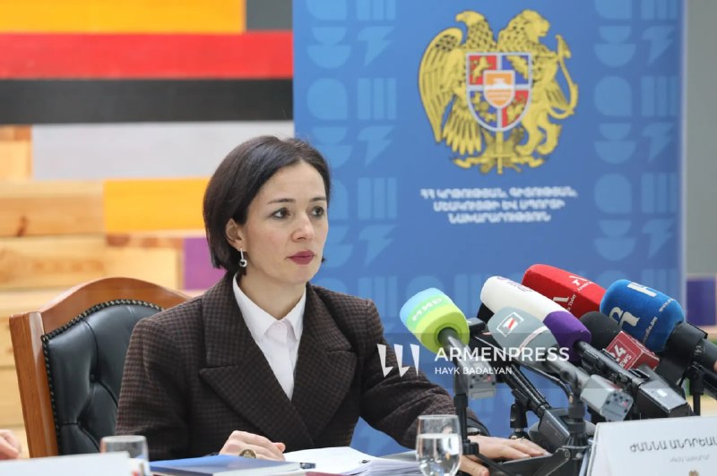 Министр образования Жанна Андреасян на фоне здания, обсуждая ситуацию с выборами в Тавушской области.