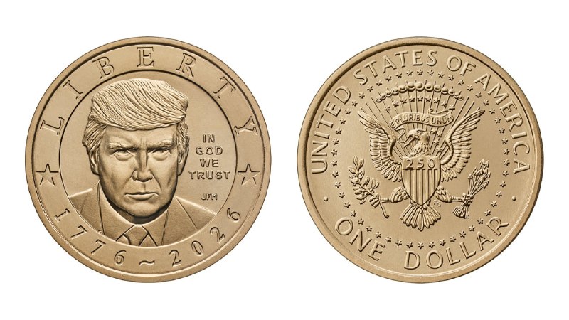 Золотая монета с изображением президента Трампа номиналом 1 доллар к 250-летию независимости США