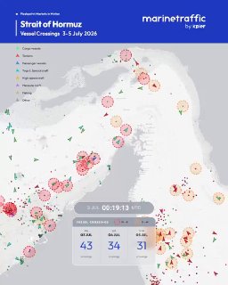 Карта Ормузского пролива с данными MarineTraffic о проходах судов за 3–5 июля 2025 года